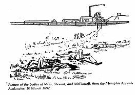 Picture of the bodies of Moss, Stewart, and McDowell, from Memphis Appeal-Avalanche, 10 March 1892. All three men are buried in Zion Cemetery.