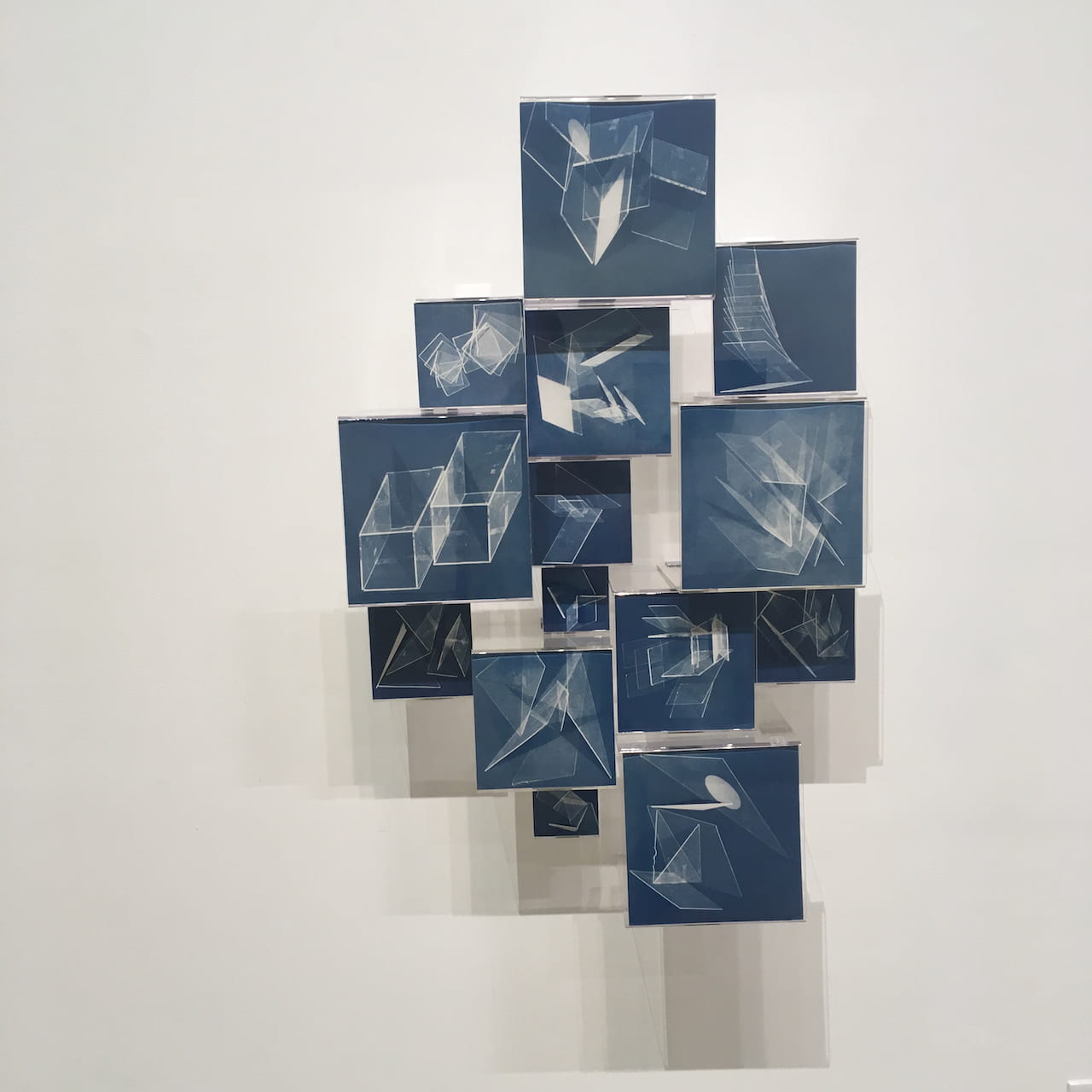 Shadows, Reflections and Remnants, 2019, by Charis Barnes. Cyanotype on paper and acrylic boxes, 40"x32"x10"
