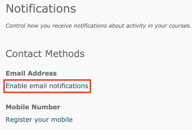 Notifications window for enabling email in eCourseware