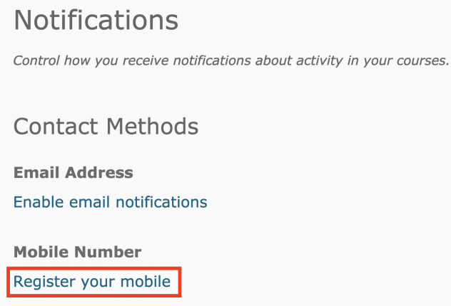 Notifications window for registering your mobile device in eCourseware
